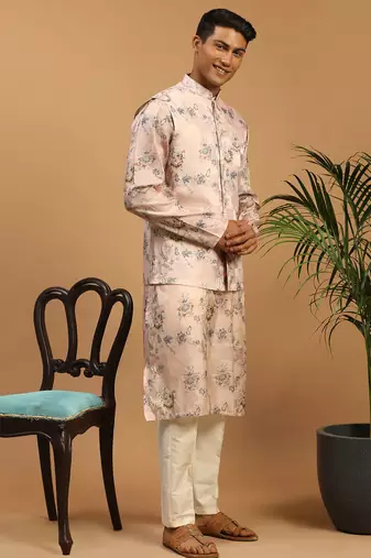purple mirror work nehru jacket with cream kurta pyjama set | bold contrast 3-piece festive ethnic wear