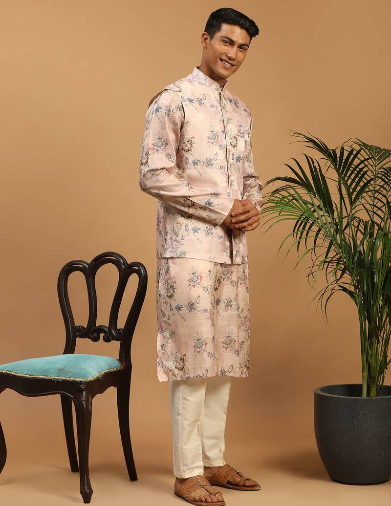 purple mirror work nehru jacket with cream kurta pyjama set | bold contrast 3-piece festive ethnic wear