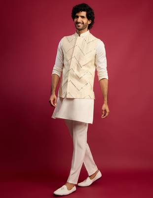 cream mirror work nehru jacket with satin kurta pant set | wedding & festive wear 1