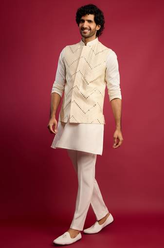 cream mirror work nehru jacket with satin kurta pant set | wedding & festive wear