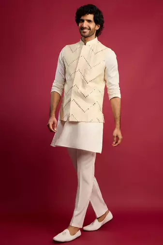 cream mirror work nehru jacket with satin kurta pant set | wedding & festive wear