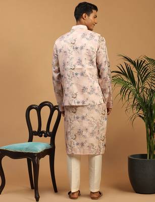 purple mirror work nehru jacket with cream kurta pyjama set | bold contrast 3-piece festive ethnic wear 3