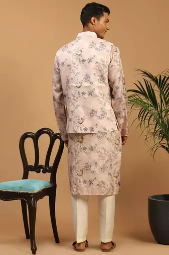 purple mirror work nehru jacket with cream kurta pyjama set | bold contrast 3-piece festive ethnic wear