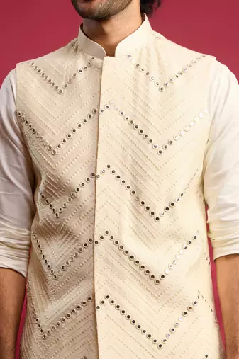 cream mirror work nehru jacket with satin kurta pant set | wedding & festive wear