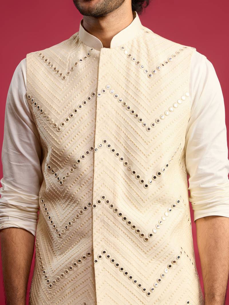 cream mirror work nehru jacket with satin kurta pant set | wedding & festive wear