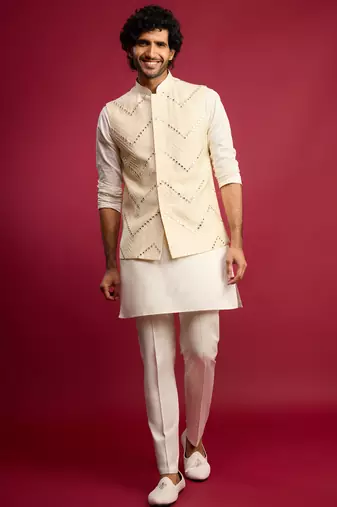 cream mirror work nehru jacket with satin kurta pant set | wedding & festive wear