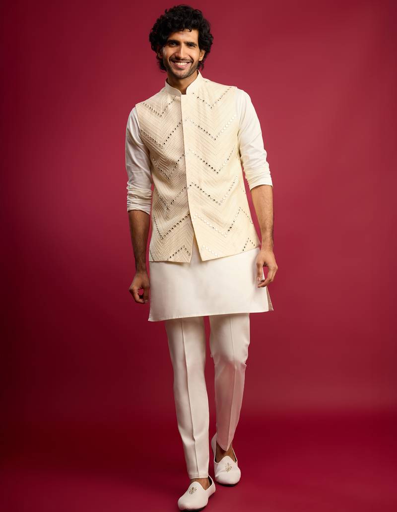 cream mirror work nehru jacket with satin kurta pant set | wedding & festive wear
