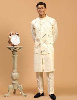 cream mirror work nehru jacket with kurta pyjama set | 3-piece all-over embellished festive wear 1