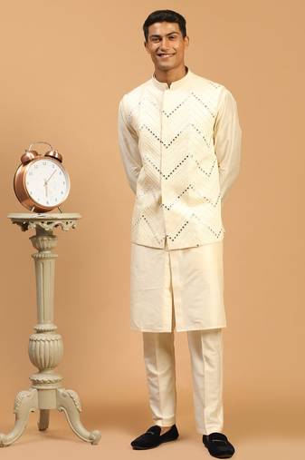 cream mirror work nehru jacket with kurta pyjama set | 3-piece all-over embellished festive wear