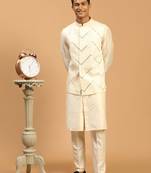 cream mirror work nehru jacket with kurta pyjama set | 3-piece all-over embellished festive wear