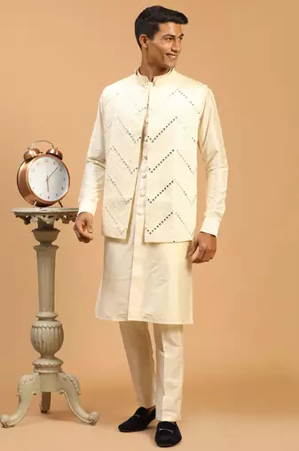 cream mirror work nehru jacket with kurta pyjama set | 3-piece all-over embellished festive wear