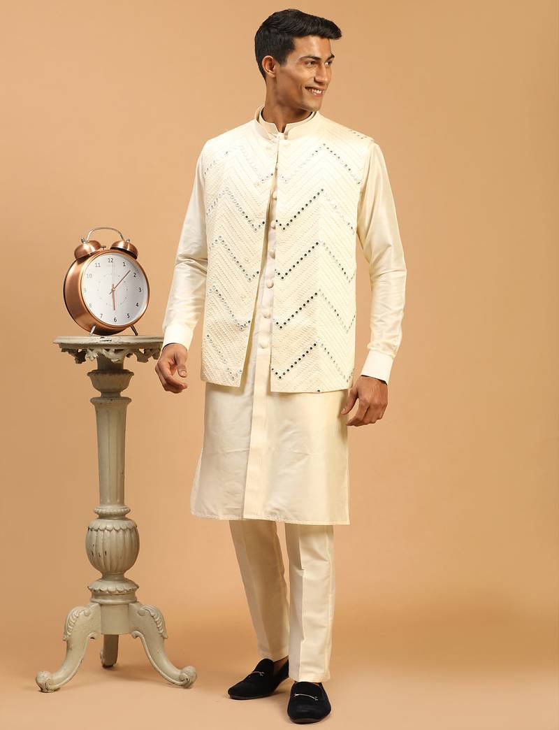 cream mirror work nehru jacket with kurta pyjama set | 3-piece all-over embellished festive wear