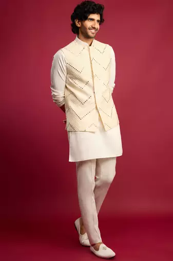 cream mirror work nehru jacket with satin kurta pant set | wedding & festive wear