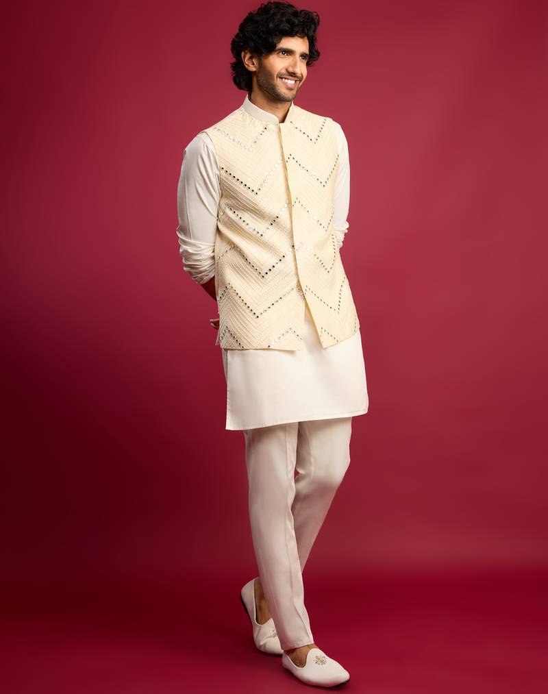 cream mirror work nehru jacket with satin kurta pant set | wedding & festive wear