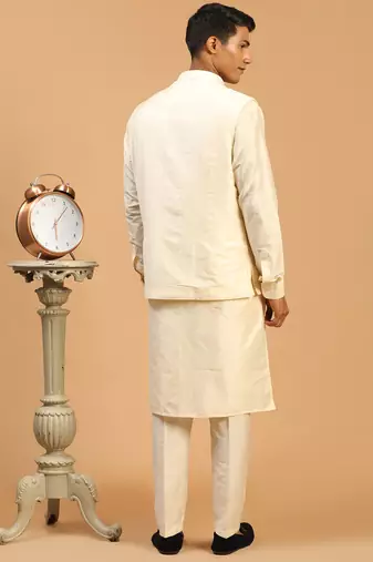 cream mirror work nehru jacket with kurta pyjama set | 3-piece all-over embellished festive wear