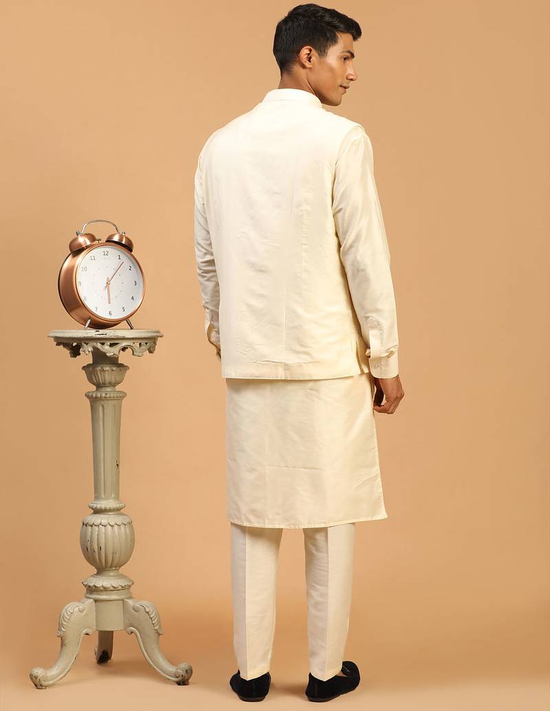 cream mirror work nehru jacket with kurta pyjama set | 3-piece all-over embellished festive wear