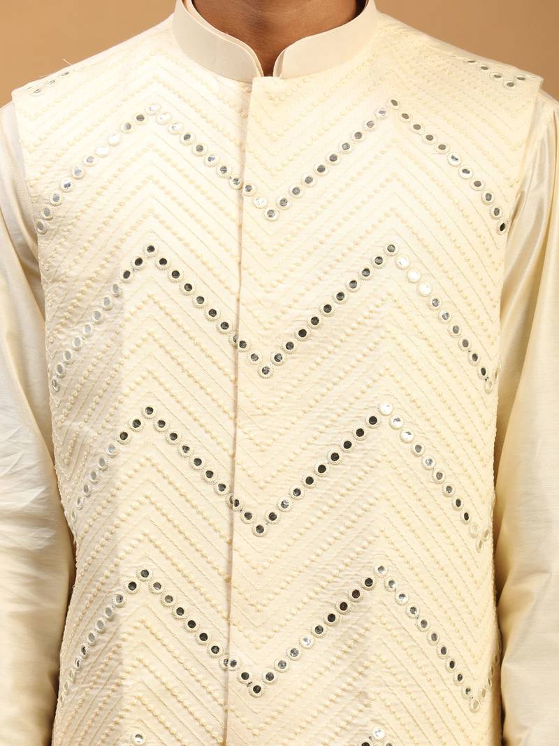 cream mirror work nehru jacket with kurta pyjama set | 3-piece all-over embellished festive wear
