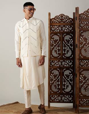 black mirror work nehru jacket with cream kurta pyjama set | contrast 3-piece festive ethnic wear 1