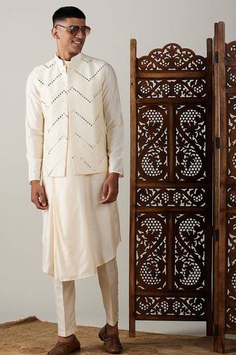 black mirror work nehru jacket with cream kurta pyjama set | contrast 3-piece festive ethnic wear