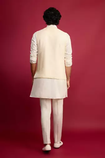 cream mirror work nehru jacket with satin kurta pant set | wedding & festive wear