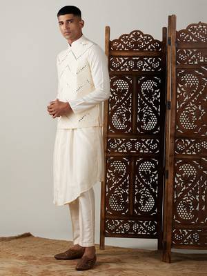 black mirror work nehru jacket with cream kurta pyjama set | contrast 3-piece festive ethnic wear 2