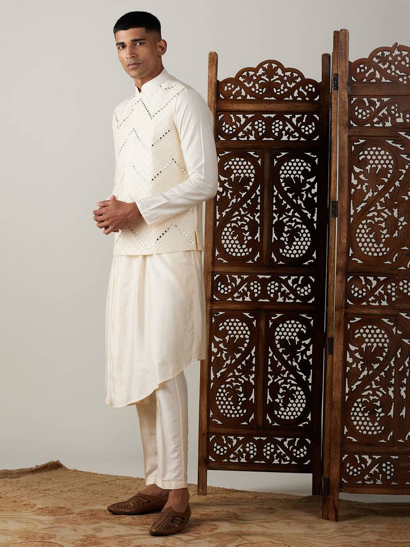 black mirror work nehru jacket with cream kurta pyjama set | contrast 3-piece festive ethnic wear