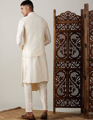 black mirror work nehru jacket with cream kurta pyjama set | contrast 3-piece festive ethnic wear 3