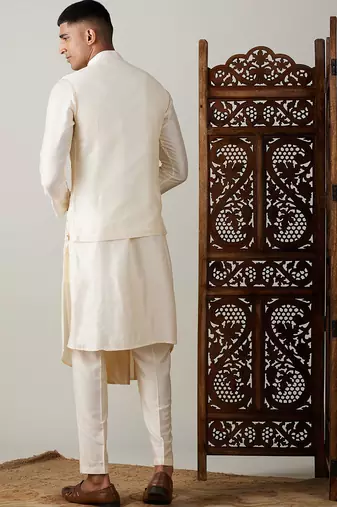 black mirror work nehru jacket with cream kurta pyjama set | contrast 3-piece festive ethnic wear