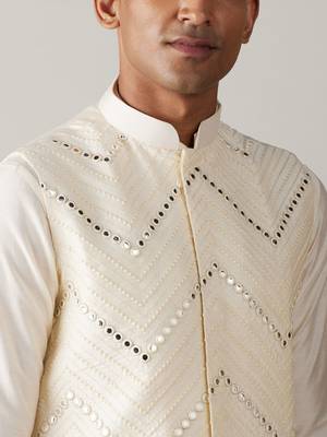black mirror work nehru jacket with cream kurta pyjama set | contrast 3-piece festive ethnic wear 4