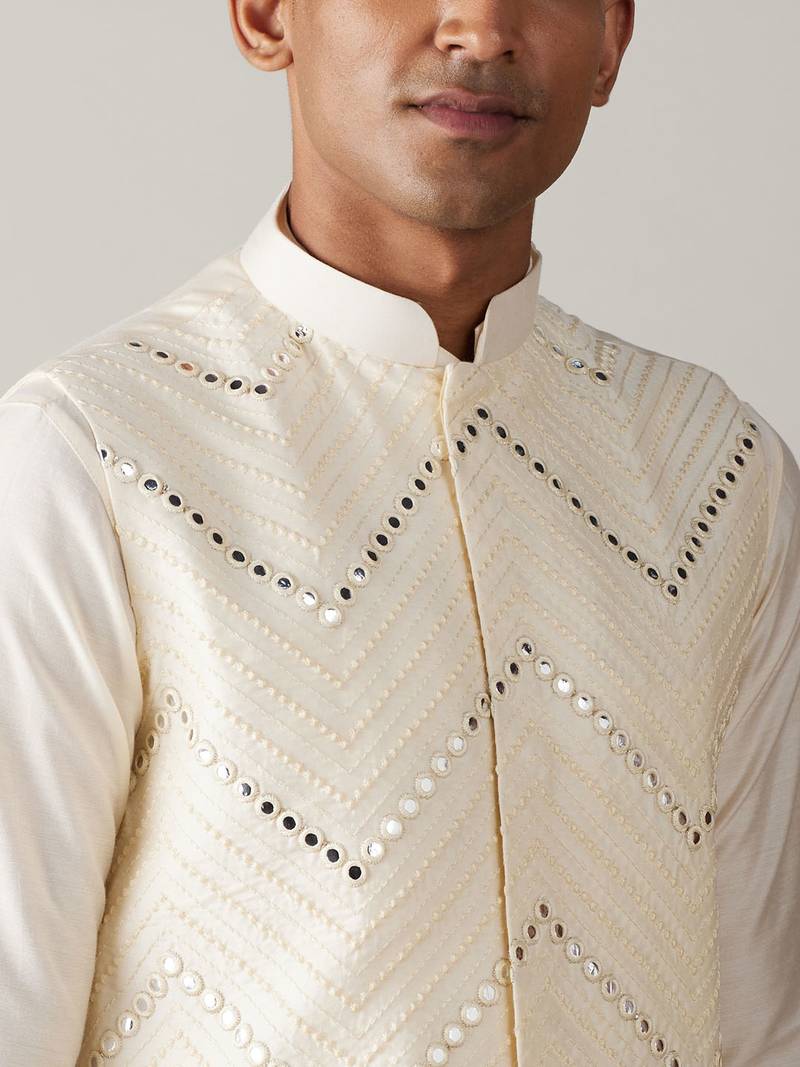 black mirror work nehru jacket with cream kurta pyjama set | contrast 3-piece festive ethnic wear