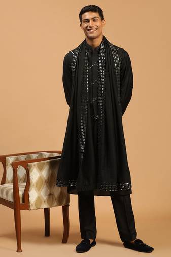 black mirror work nehru jacket set with kurta pyjama & mirror dupatta | party festive wear