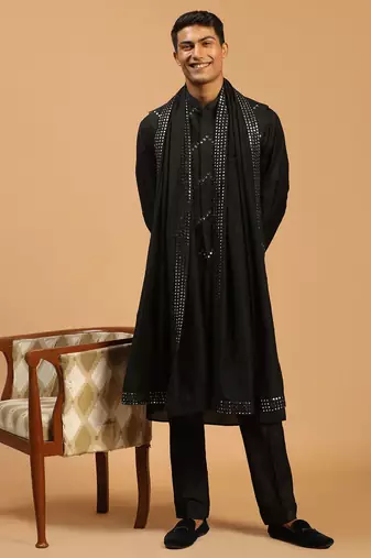 black mirror work nehru jacket set with kurta pyjama & mirror dupatta | party festive wear
