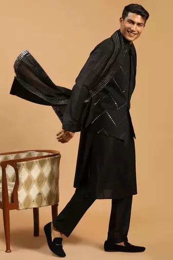 black mirror work nehru jacket set with kurta pyjama & mirror dupatta | party festive wear