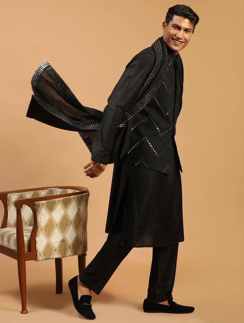 black mirror work nehru jacket set with kurta pyjama & mirror dupatta | party festive wear