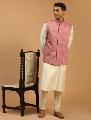 cream mirror work nehru jacket with viscose kurta pyjama set | 3-piece comfortable festive ethnic wear 1