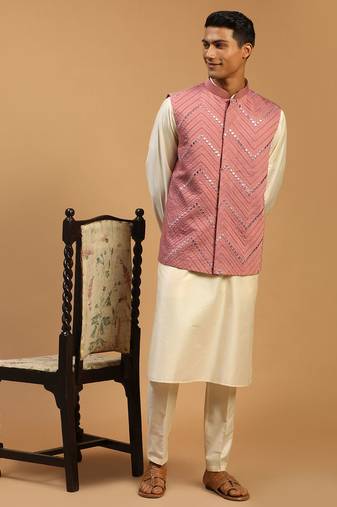 cream mirror work nehru jacket with viscose kurta pyjama set | 3-piece comfortable festive ethnic wear
