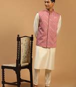 cream mirror work nehru jacket with viscose kurta pyjama set | 3-piece comfortable festive ethnic wear