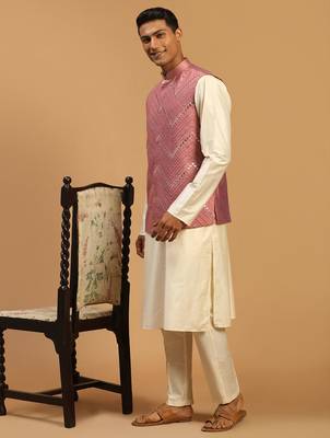 cream mirror work nehru jacket with viscose kurta pyjama set | 3-piece comfortable festive ethnic wear 2