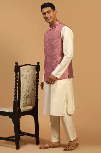 cream mirror work nehru jacket with viscose kurta pyjama set | 3-piece comfortable festive ethnic wear