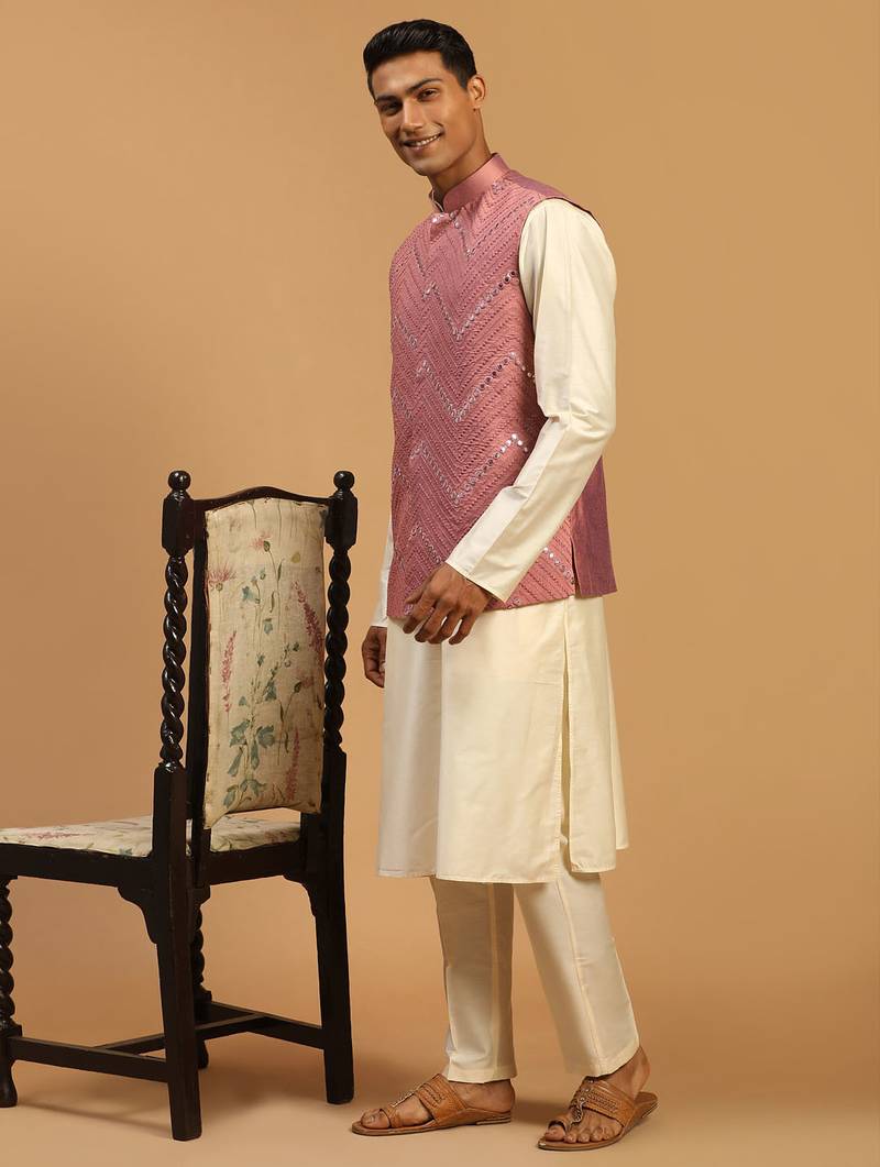 cream mirror work nehru jacket with viscose kurta pyjama set | 3-piece comfortable festive ethnic wear
