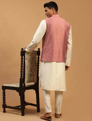 cream mirror work nehru jacket with viscose kurta pyjama set | 3-piece comfortable festive ethnic wear 3