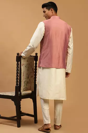 cream mirror work nehru jacket with viscose kurta pyjama set | 3-piece comfortable festive ethnic wear