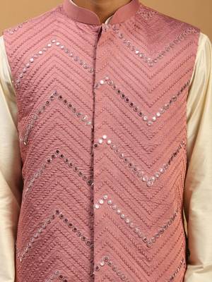 cream mirror work nehru jacket with viscose kurta pyjama set | 3-piece comfortable festive ethnic wear 4
