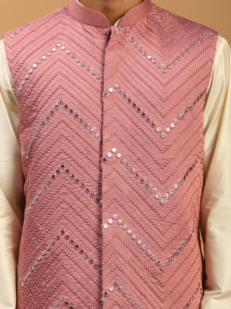 cream mirror work nehru jacket with viscose kurta pyjama set | 3-piece comfortable festive ethnic wear