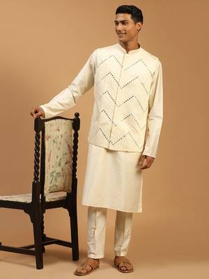 cream mirror work nehru jacket with self design kurta pyjama set | 3-piece embellished festive ethnic wear 1