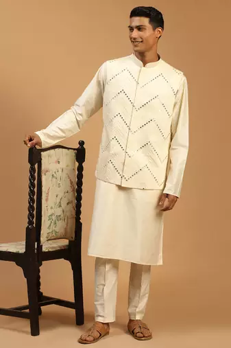 cream mirror work nehru jacket with self design kurta pyjama set | 3-piece embellished festive ethnic wear