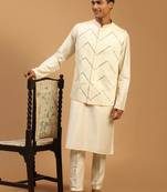 cream mirror work nehru jacket with self design kurta pyjama set | 3-piece embellished festive ethnic wear