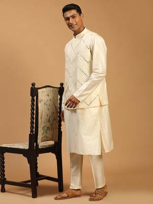 cream mirror work nehru jacket with self design kurta pyjama set | 3-piece embellished festive ethnic wear 2