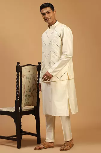 cream mirror work nehru jacket with self design kurta pyjama set | 3-piece embellished festive ethnic wear