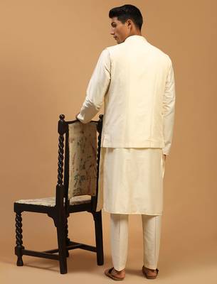 cream mirror work nehru jacket with self design kurta pyjama set | 3-piece embellished festive ethnic wear 3